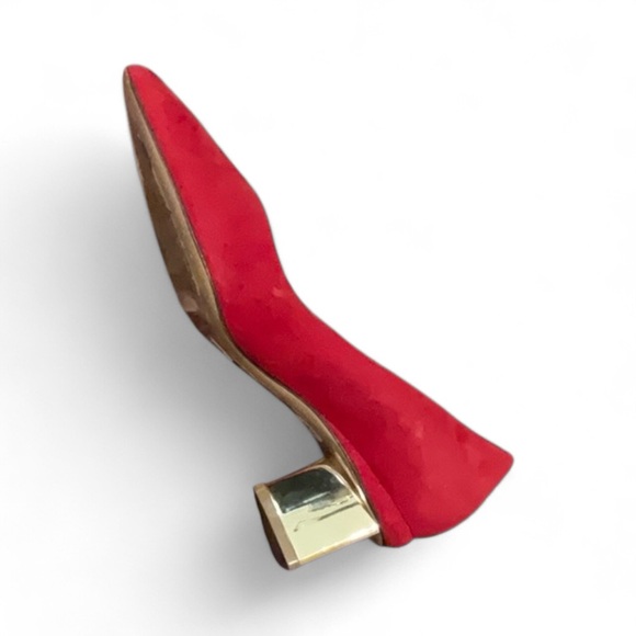 Nicholas Kirkwood red suede Made in Italy pumps heels gold heels pointy toe 37 - Picture 1 of 16